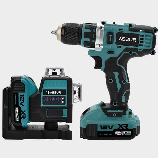 ASSUR Çelik Mandren Şarjlı Matkap ve Çift Akülü 12 Köşe 360° Lazer Metre