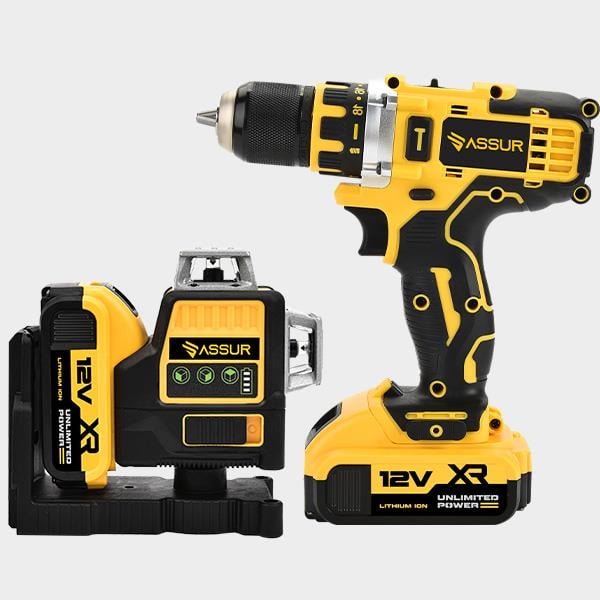 ASSUR Çelik Mandren Şarjlı Matkap ve Çift Akülü 12 Köşe 360° Lazer Metre Sarı