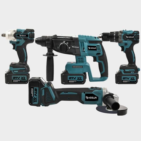 ASSUR Profesyonel 4'Lü Set Şarjlı Delici Kırıcı Hilti 2-26+125mm Taşlama+450Nm Somun Sökme+13mm Darbeli Matkap Mavi