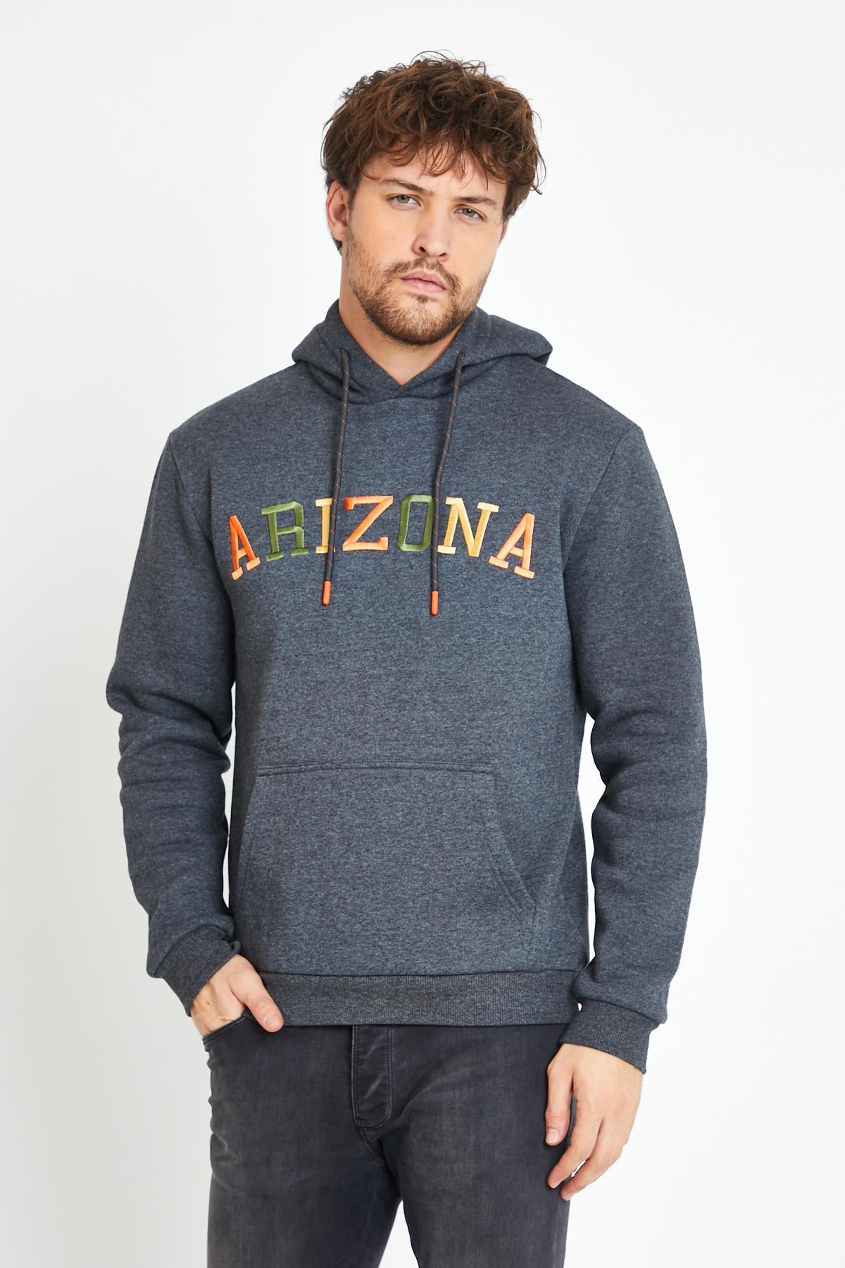 Erkek 3 İplik Pamuklu İçi Polarlı Regular Fit Nakışlı Kapüşonlu Kanguru Cepli Antrasit Sweatshirt