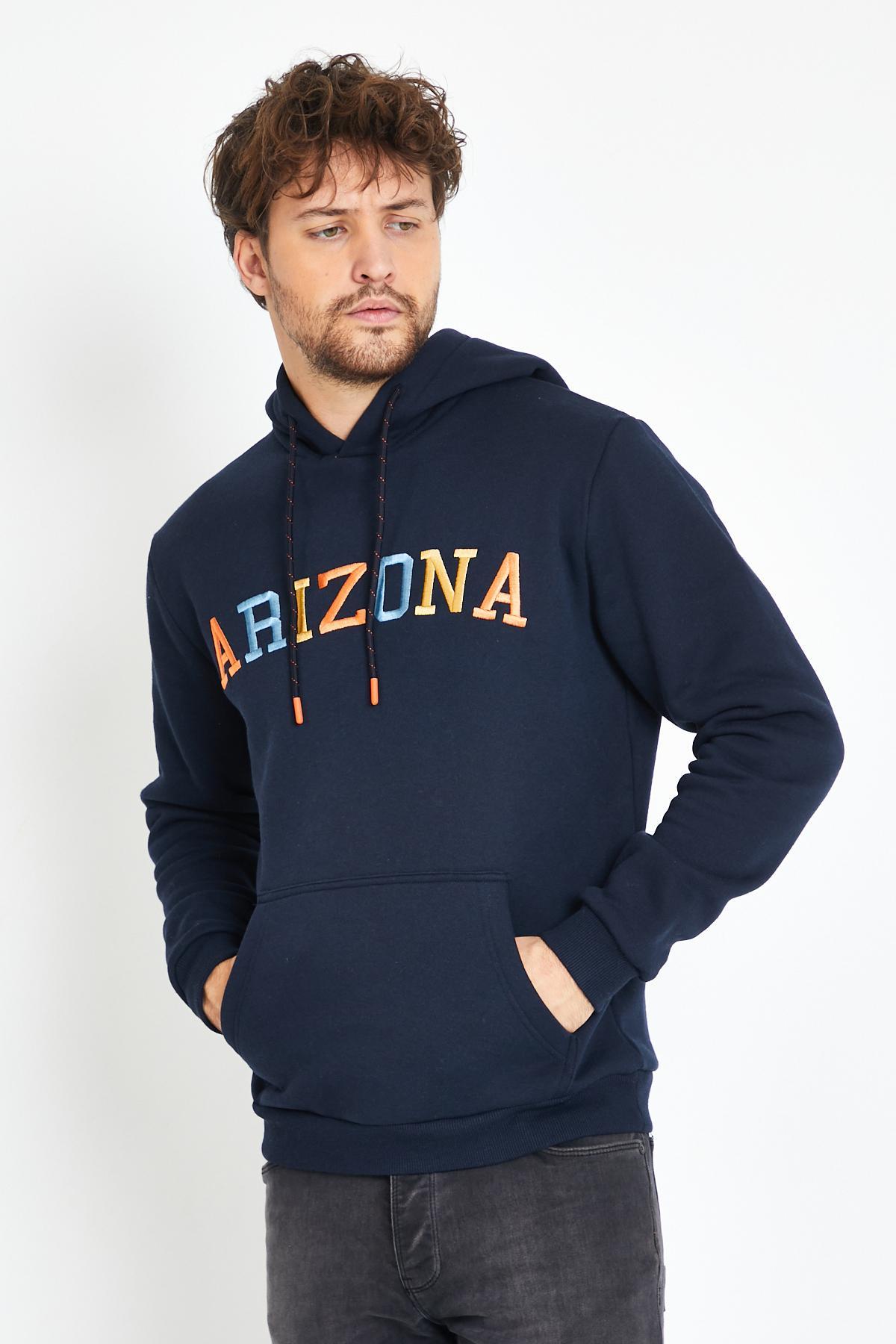 Erkek 3 İplik Pamuklu İçi Polarlı Regular Fit Nakışlı Kapüşonlu Kanguru Cepli Lacivert Sweatshirt