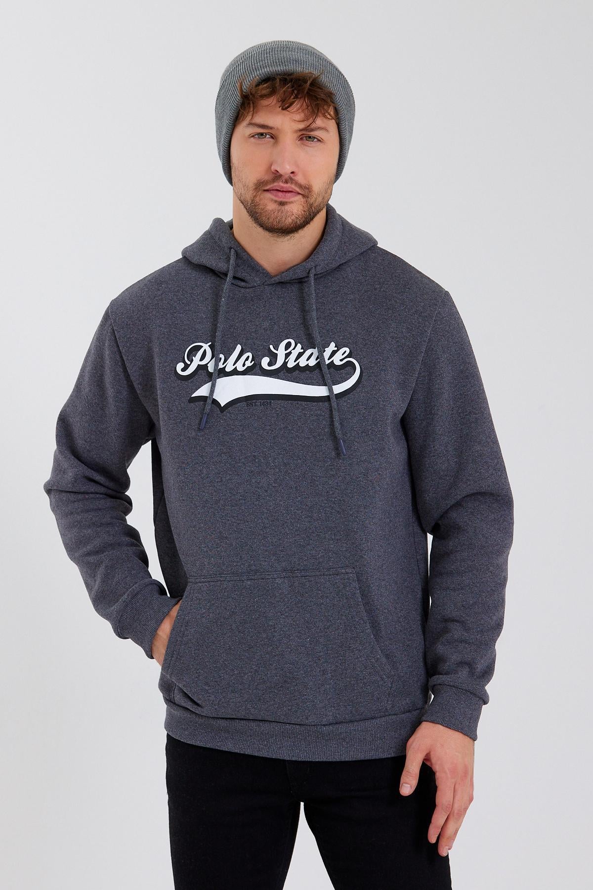 Erkek 3 İplik Pamuklu İçi Polarlı Baskılı Regular Fit Kapüşonlu Kanguru Cepli Antrasit Sweatshirt