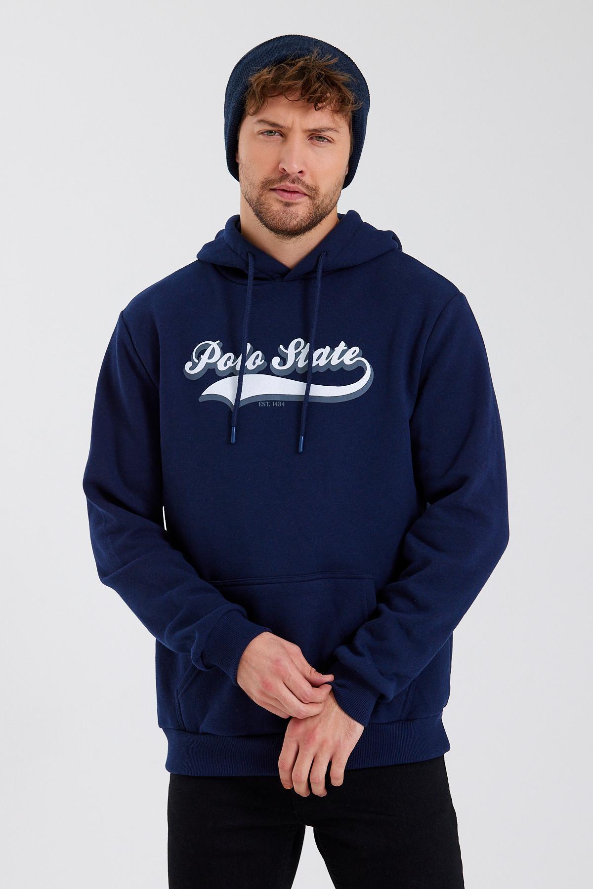 Erkek 3 İplik Pamuklu İçi Polarlı Baskılı Regular Fit Kapüşonlu Kanguru Cepli Lacivert Sweatshirt