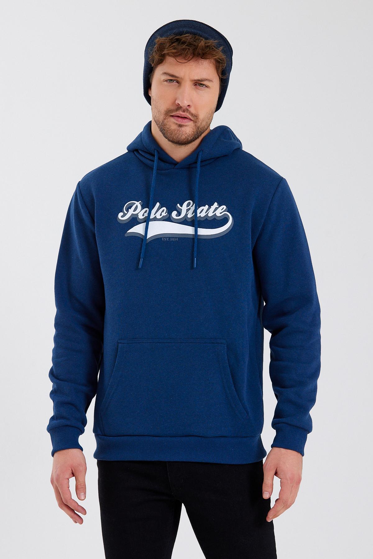 Erkek 3 İplik Pamuklu İçi Polarlı Baskılı Regular Fit Kapüşonlu Kanguru Cepli İndigo Sweatshirt