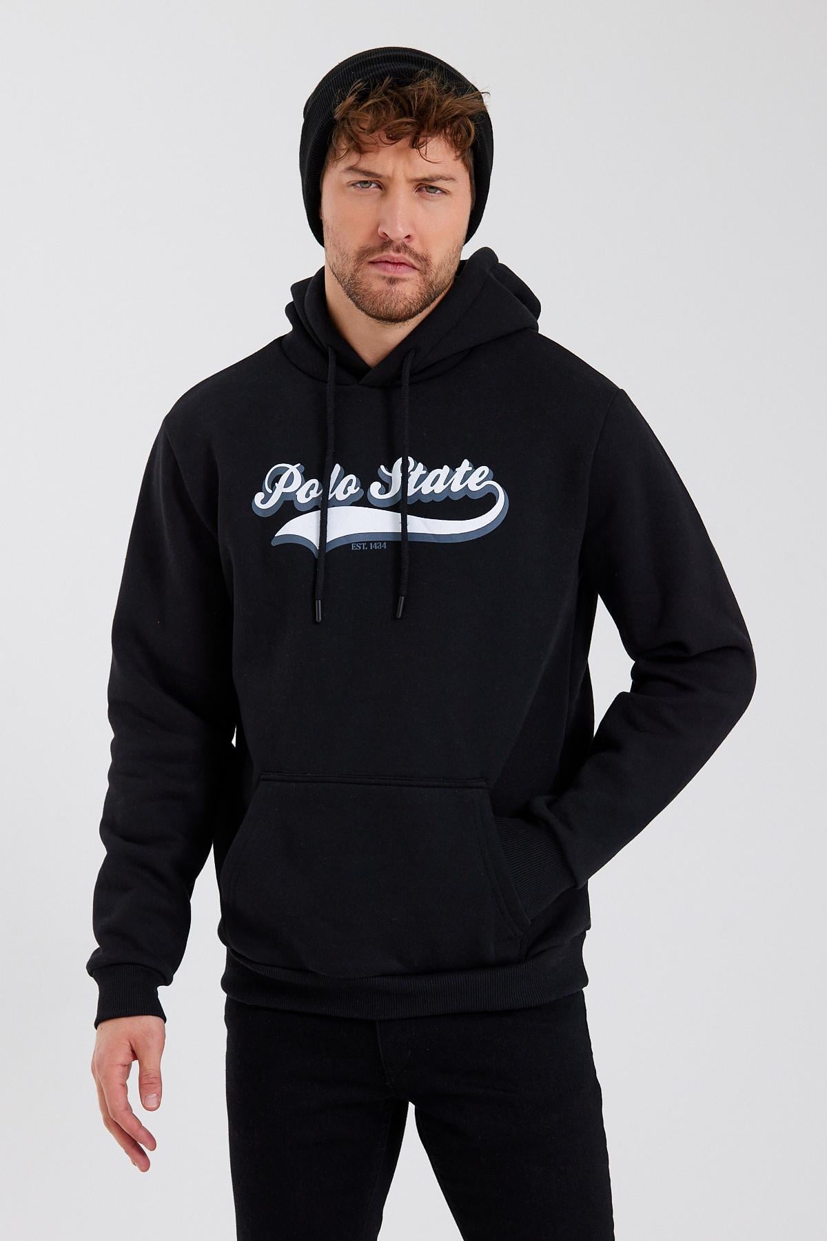 Erkek 3 İplik Pamuklu İçi Polarlı Baskılı Regular Fit Kapüşonlu Kanguru Cepli Siyah Sweatshirt