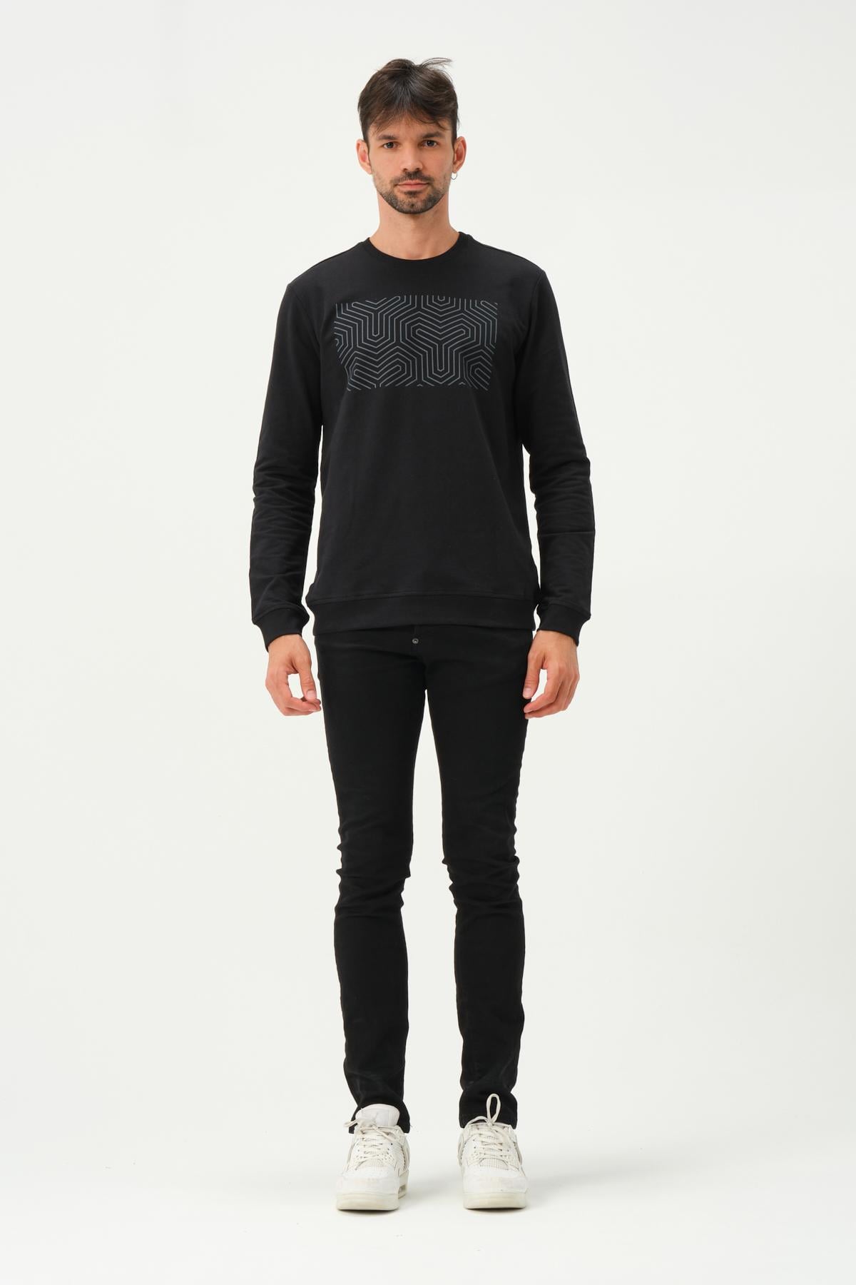 Erkek Baskılı Sweatshirt  Siyah