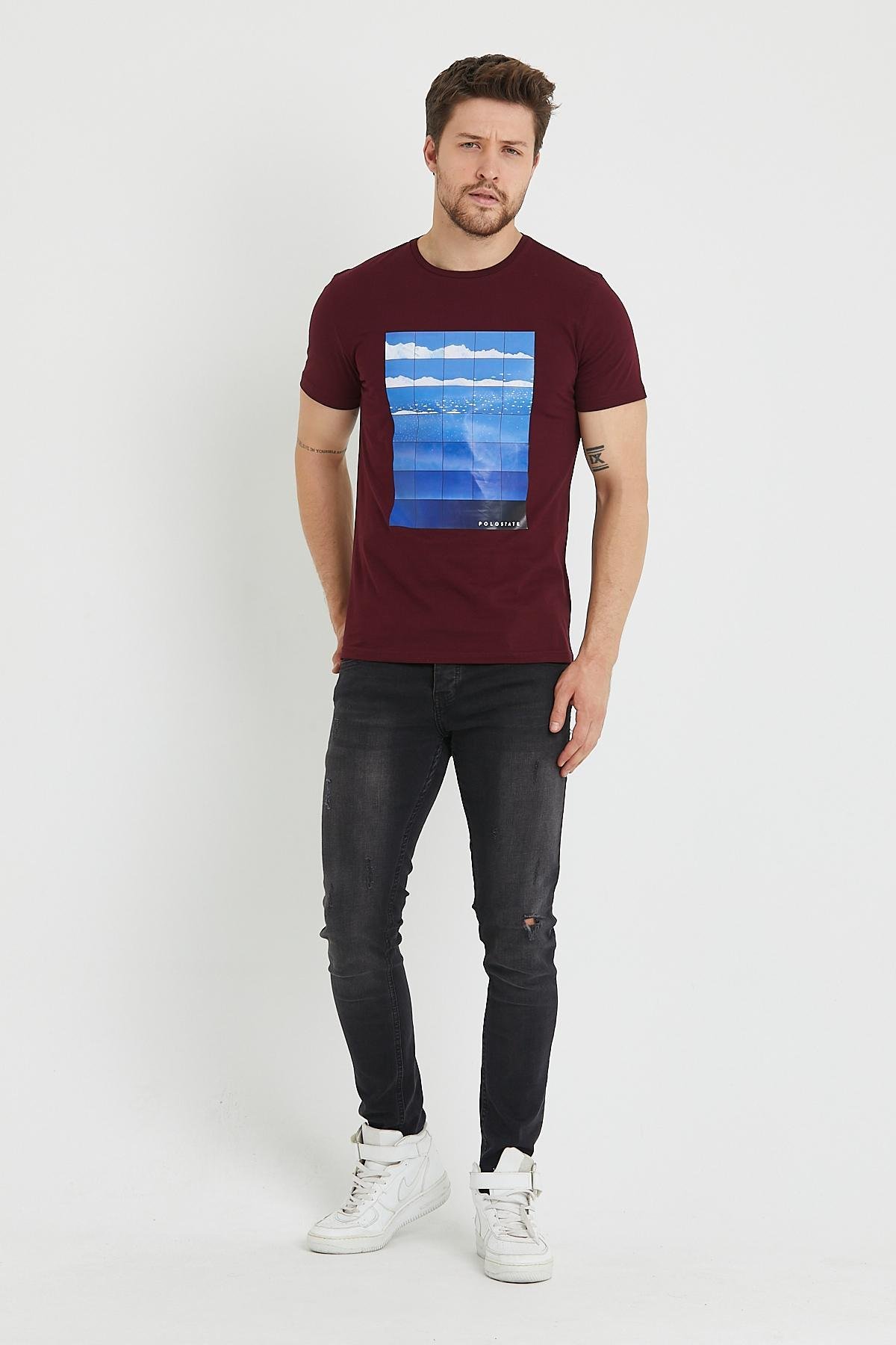 Erkek Baskılı T-shirt Bordo