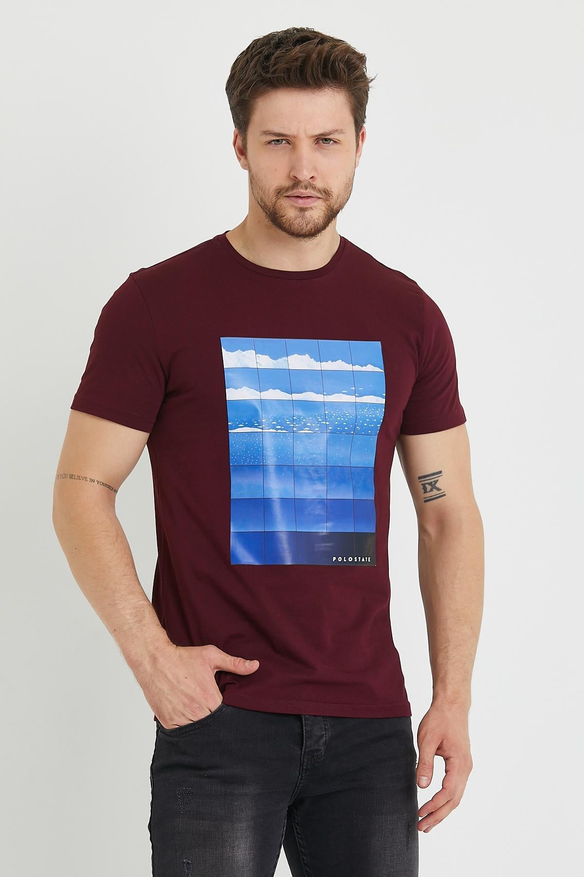 Erkek Baskılı T-shirt Bordo