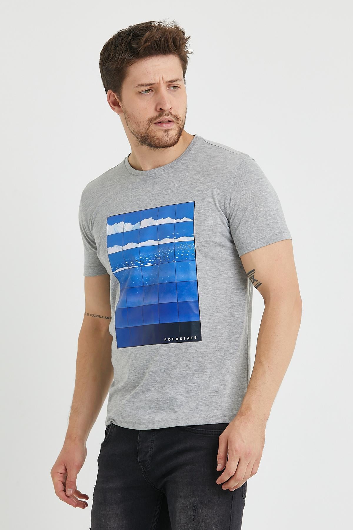 Erkek Baskılı T-shirt Gri Melanj