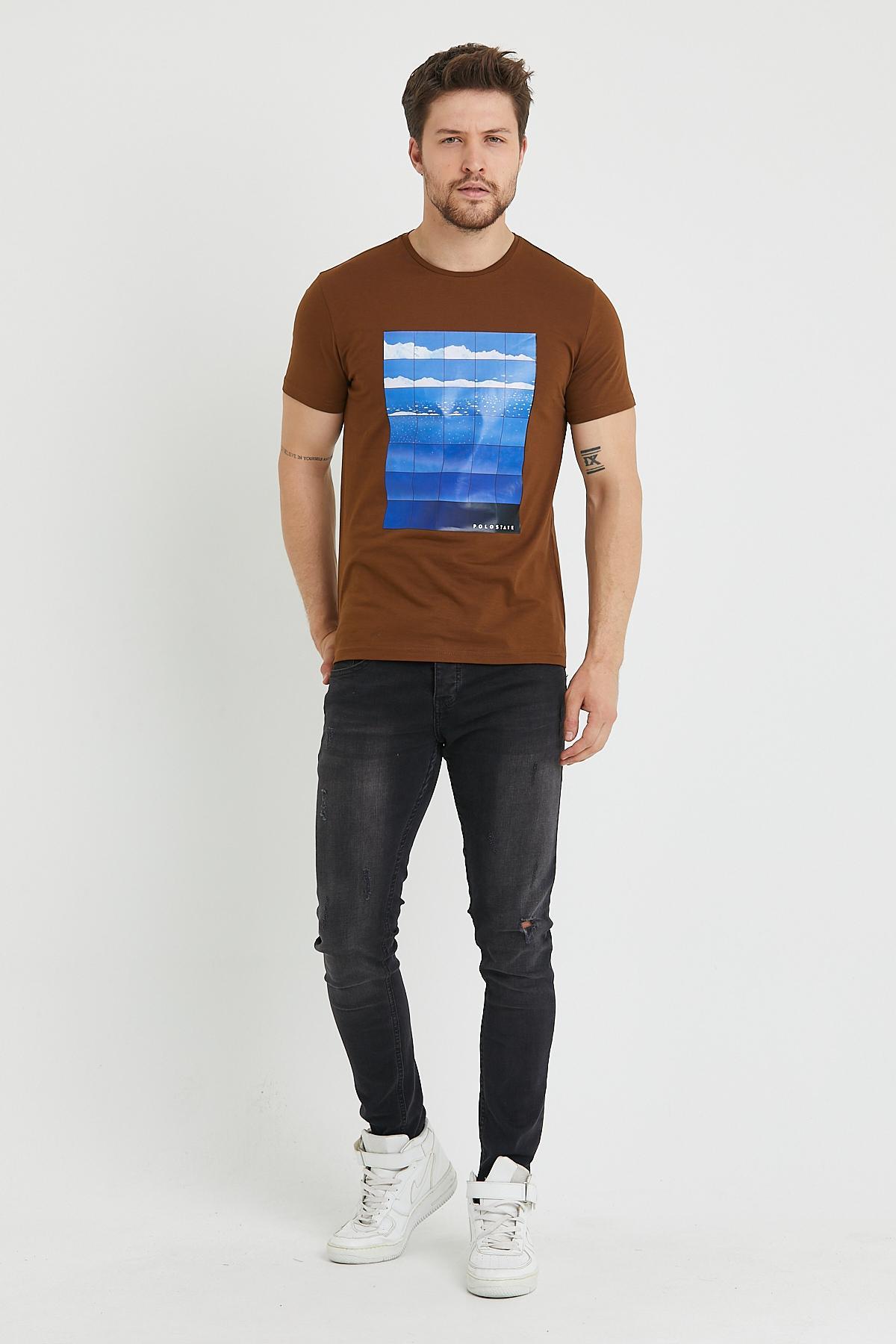 Erkek Baskılı T-shirt Hardal