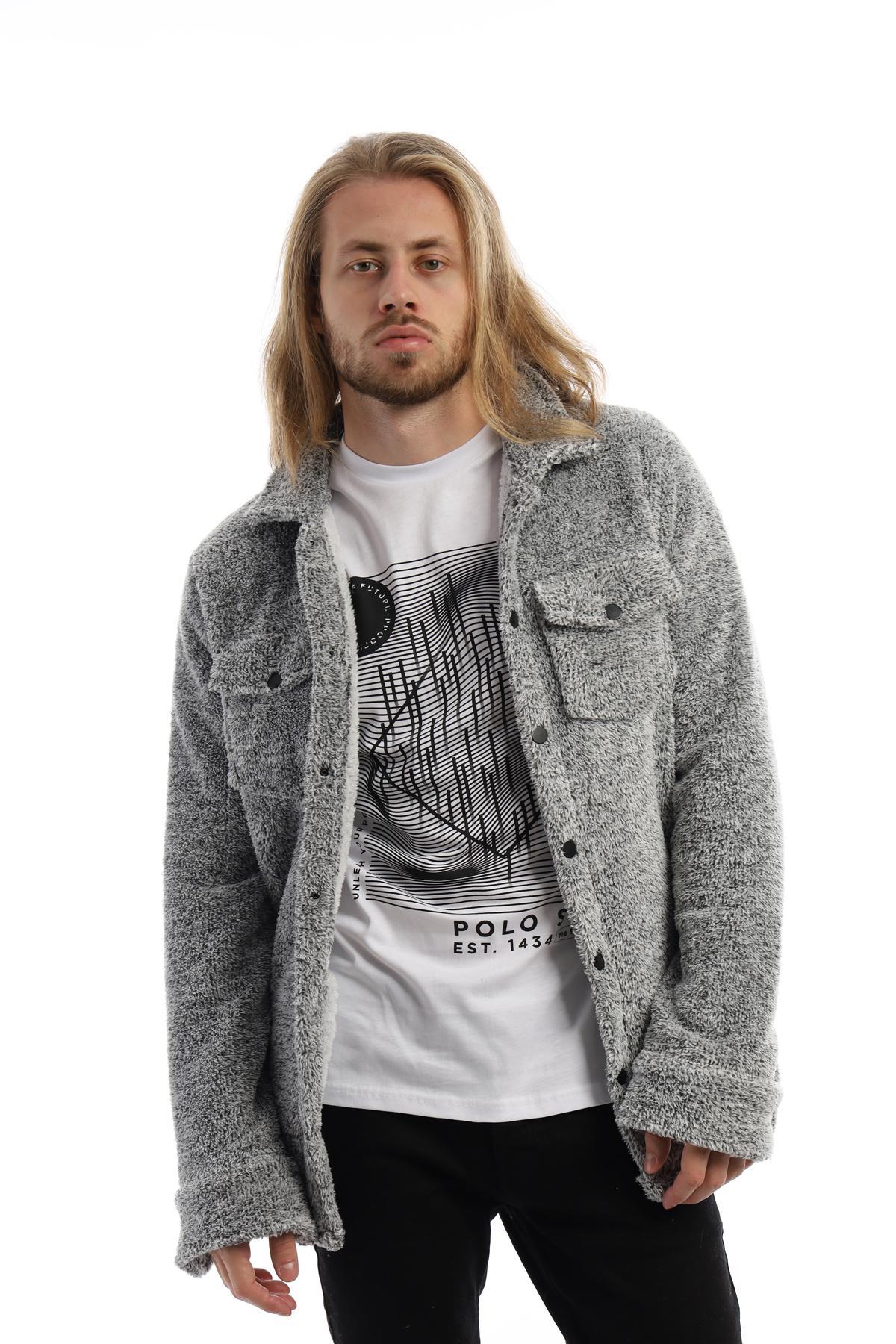 Erkek Oversize Çıt Çıt Kapamalı Cepli Peluş Gri Melanj Ceket