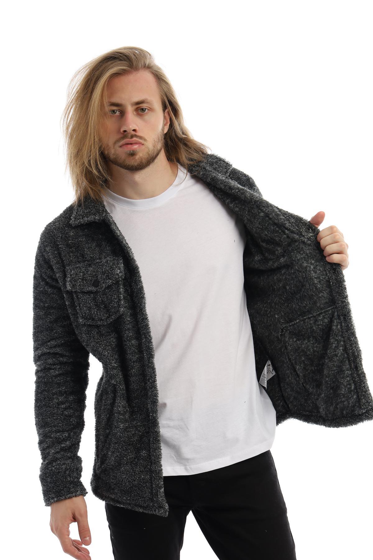 Erkek Oversize Çıt Çıt Kapamalı Cepli Peluş Antrasit Melanj Ceket Erkek Oversize Çıt Çıt Kapamalı Cepli Peluş Antrasit Melanj Ceket