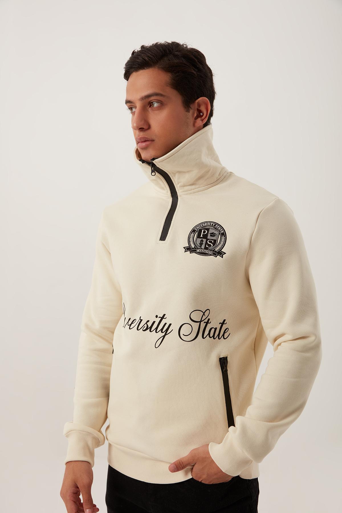 Erkek Relax Fit 3 İplik Rahat Kesim Pamuklu İçi Polarlı Yarım Fermuarlı Dik Yaka Ekru Sweatshirt Erkek Relax Fit 3 İplik Rahat Kesim Pamuklu İçi Polarlı Yarım Fermuarlı Dik Yaka Ekru Sweatshirt