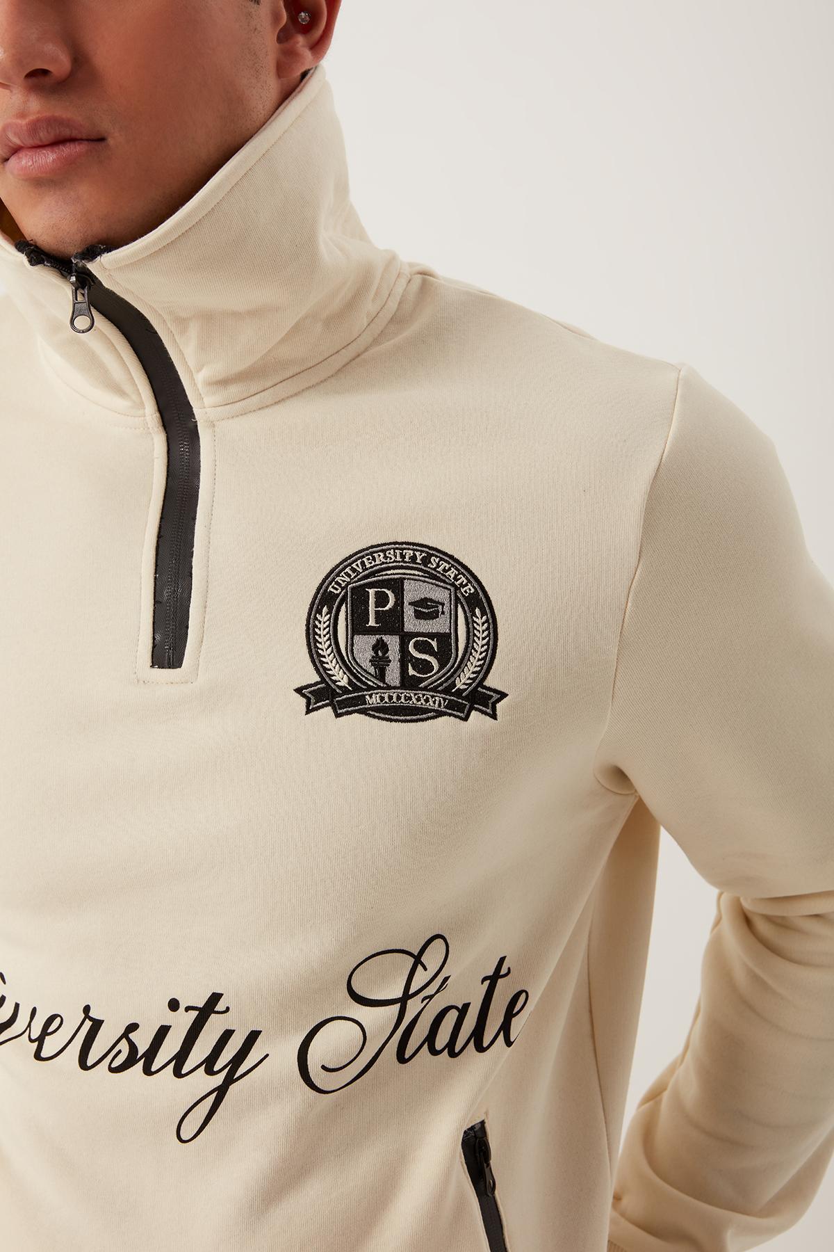 Erkek Relax Fit 3 İplik Rahat Kesim Pamuklu İçi Polarlı Yarım Fermuarlı Dik Yaka Ekru Sweatshirt Erkek Relax Fit 3 İplik Rahat Kesim Pamuklu İçi Polarlı Yarım Fermuarlı Dik Yaka Ekru Sweatshirt