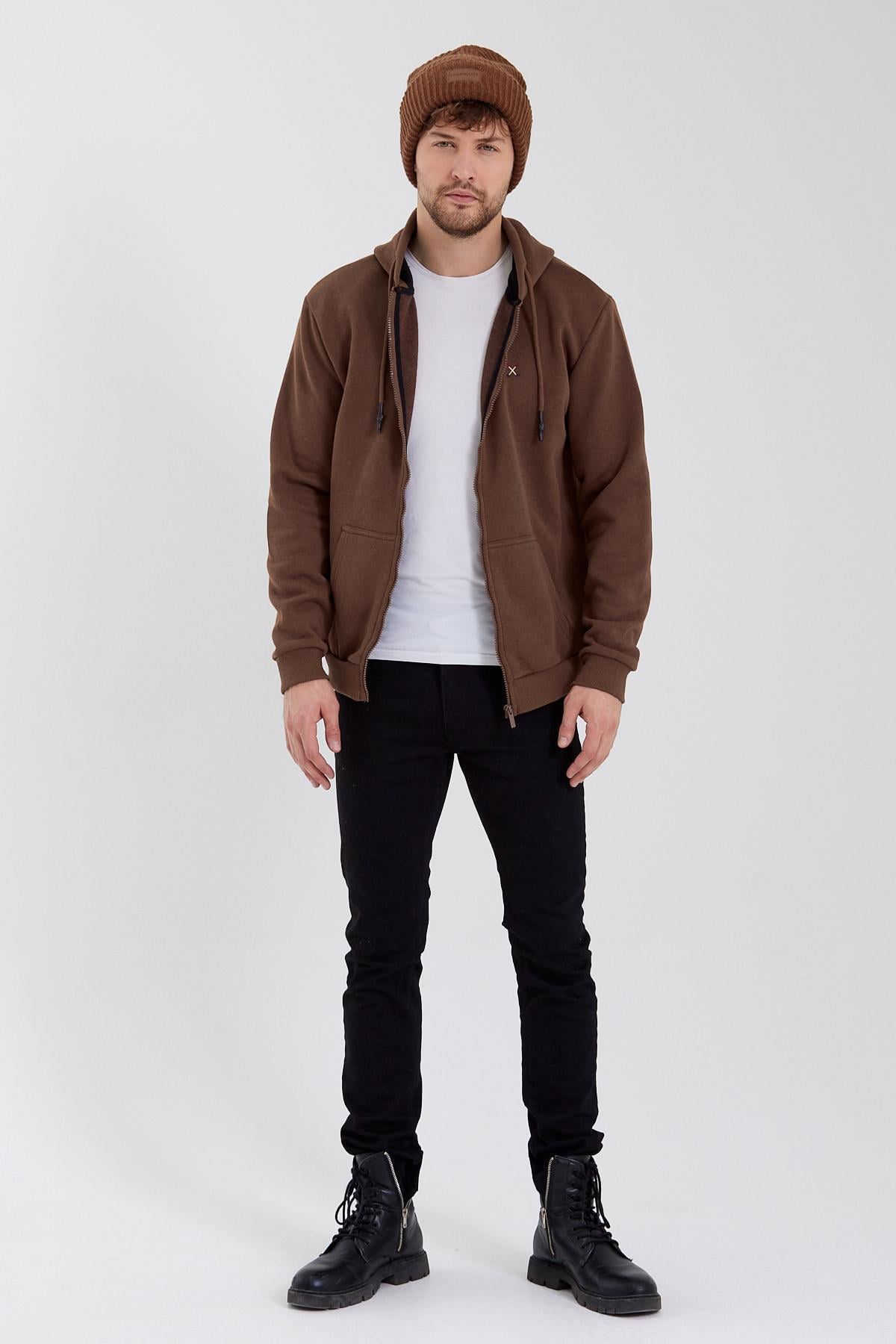 Erkek Fermuarlı Kanguru Cep 3 İplik Sweatshirt  Kahverengi