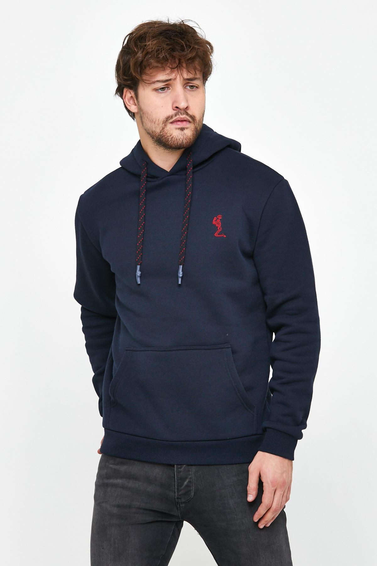 Erkek İskelet Nakışlı 3 İplik Kapüşonlu Sweatshirt Lacivert Erkek İskelet Nakışlı 3 İplik Kapüşonlu Sweatshirt Lacivert