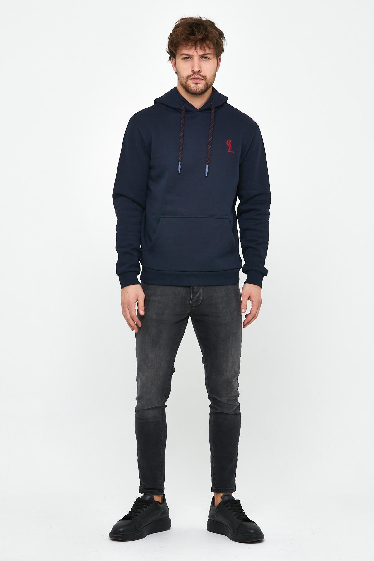Erkek İskelet Nakışlı 3 İplik Kapüşonlu Sweatshirt Lacivert Erkek İskelet Nakışlı 3 İplik Kapüşonlu Sweatshirt Lacivert