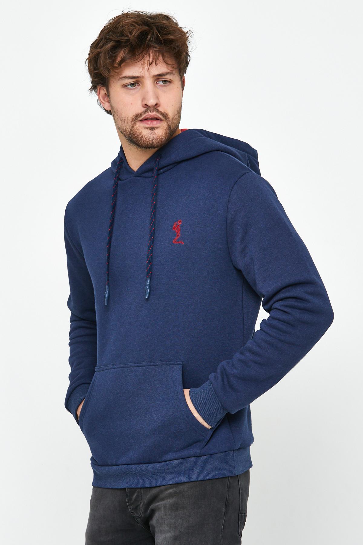 Erkek İskelet Nakışlı 3 İplik Kapüşonlu Sweatshirt İndigo