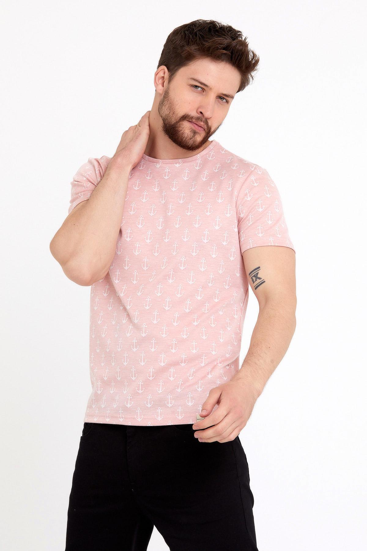 Erkek Jakarlı Basic T-shirt Pembe
