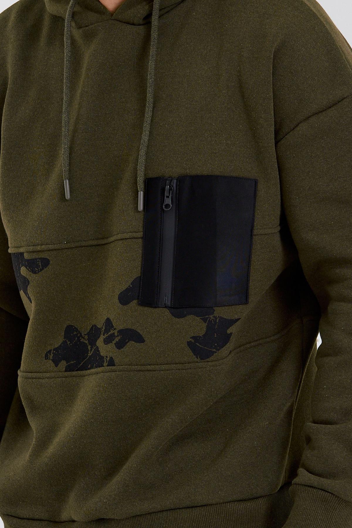 Erkek 3 İplik Pamuklu İçi Polarlı Oversize Göğüs Cepli Kapuşonlu Haki Sweatshirt Erkek 3 İplik Pamuklu İçi Polarlı Oversize Göğüs Cepli Kapuşonlu Haki Sweatshirt