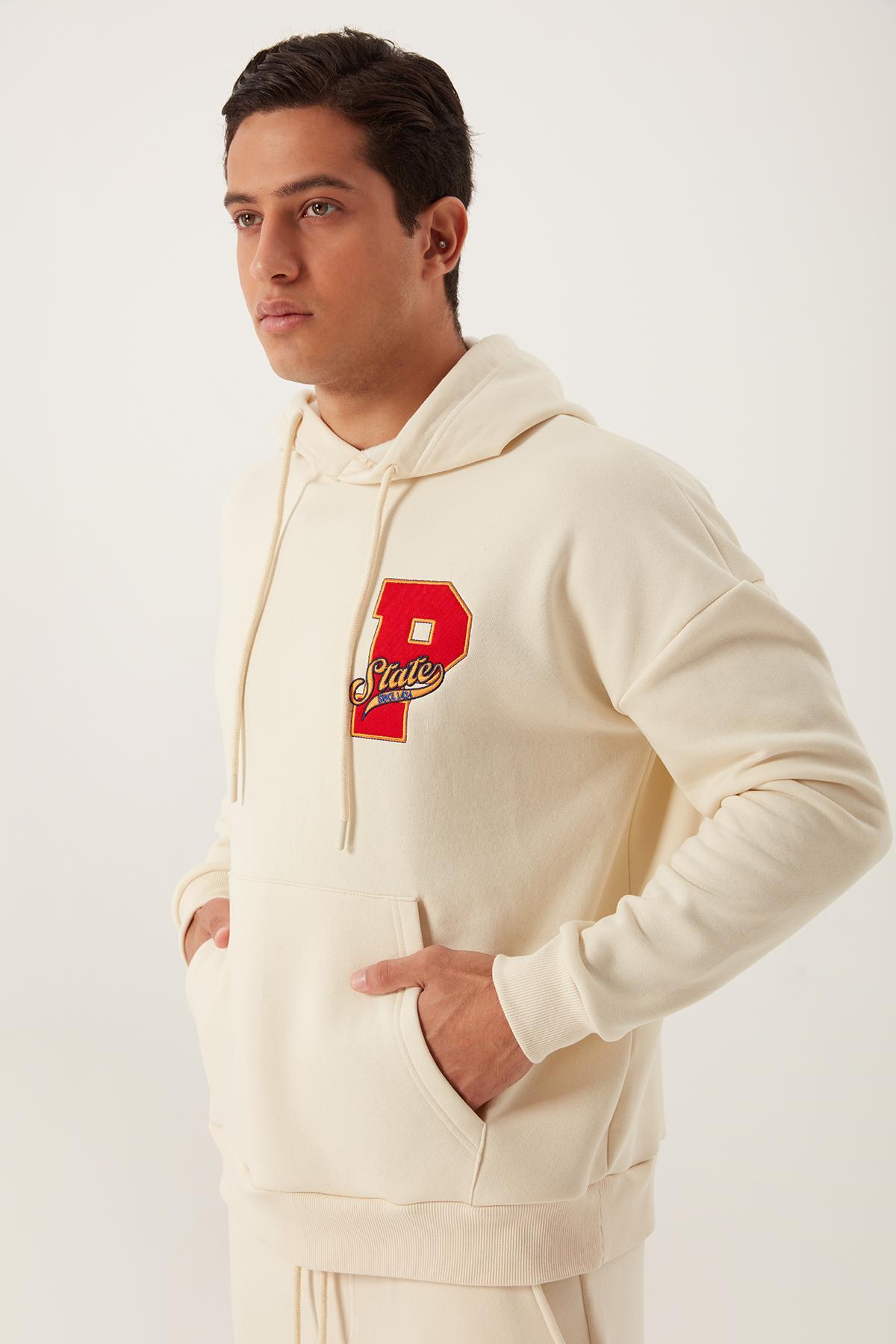 Erkek 3 İplik Pamuklu İçi Polarlı Oversize Nakışlı Kapüşonlu Kanguru Cepli Ekru Sweatshirt Erkek 3 İplik Pamuklu İçi Polarlı Oversize Nakışlı Kapüşonlu Kanguru Cepli Ekru Sweatshirt