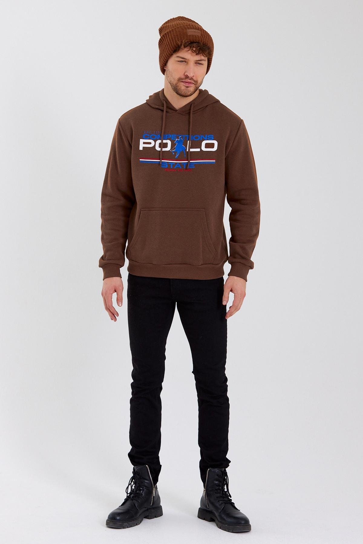 Erkek Kapüşonlu Baskılı 3 İplik Sweatshirt Kahverengi