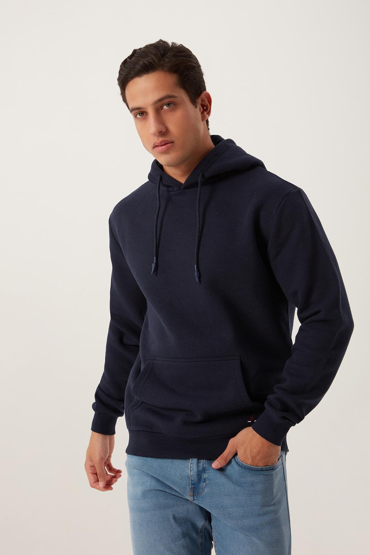 Erkek Kapüşonlu Kanguru Cep 3 İplik Sweatshirt Lacivert