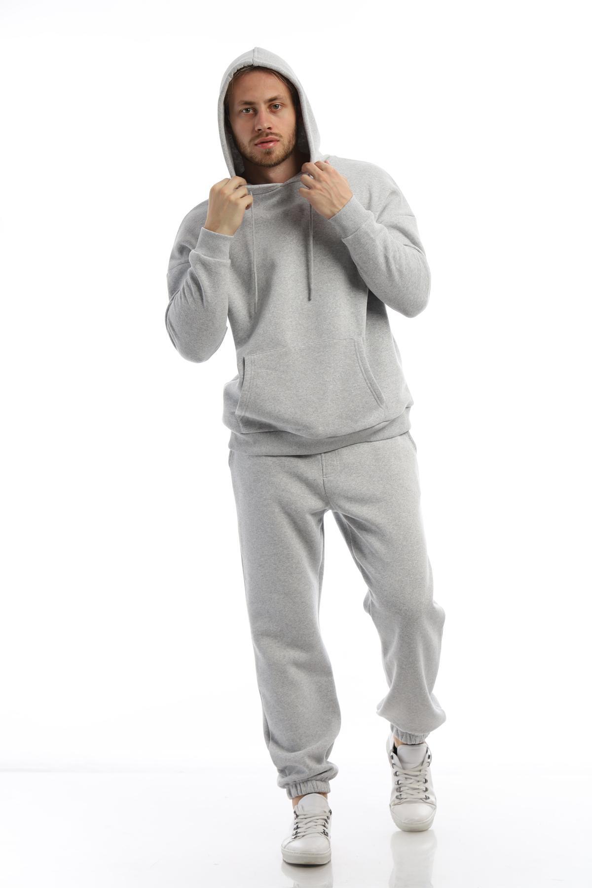 Erkek 3 İplik Pamuklu İçi Polarlı Oversize Kapüşonlu Kanguru Cepli Gri Sweatshirt Erkek 3 İplik Pamuklu İçi Polarlı Oversize Kapüşonlu Kanguru Cepli Gri Sweatshirt