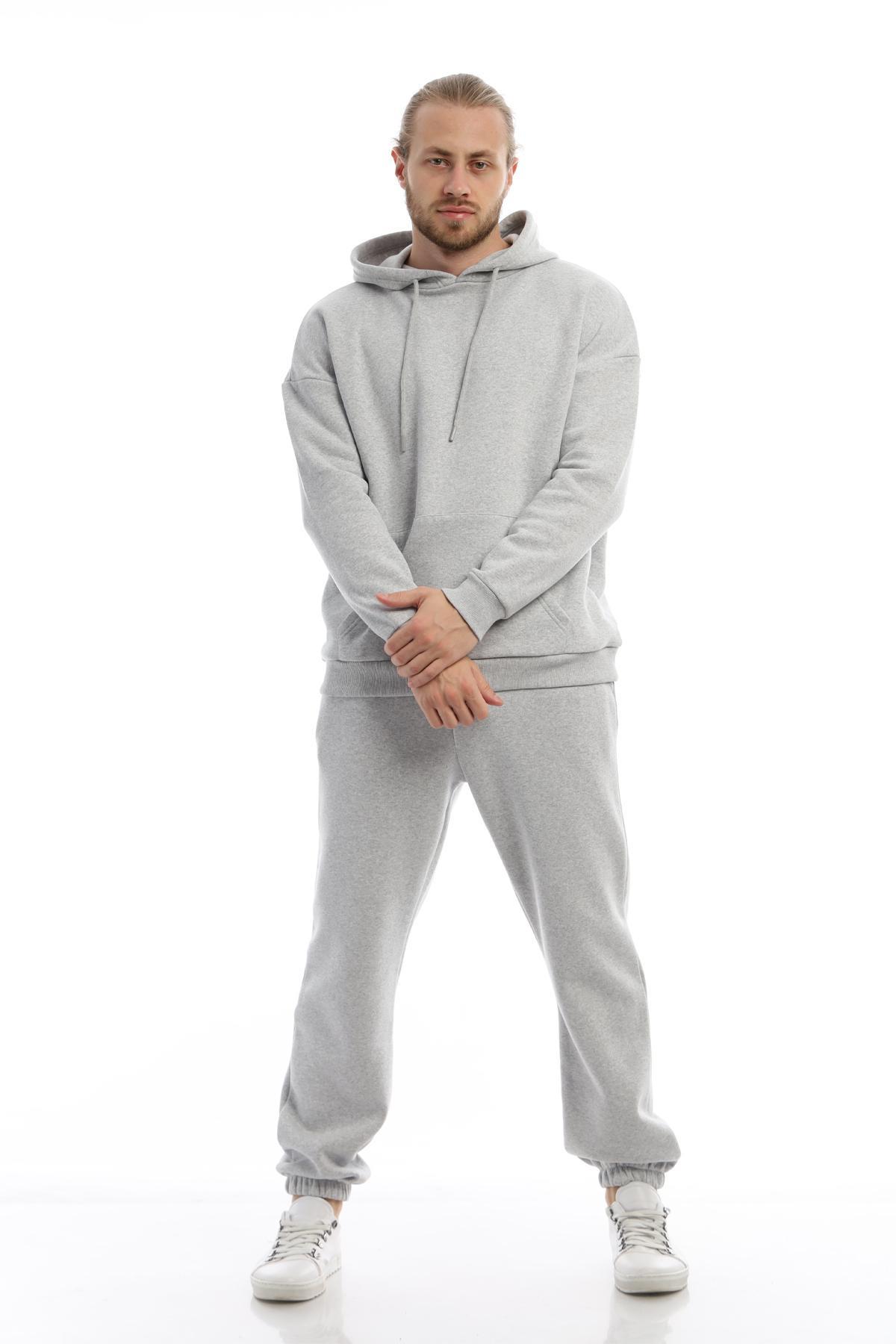 Erkek 3 İplik Pamuklu İçi Polarlı Oversize Kapüşonlu Kanguru Cepli Gri Sweatshirt Erkek 3 İplik Pamuklu İçi Polarlı Oversize Kapüşonlu Kanguru Cepli Gri Sweatshirt