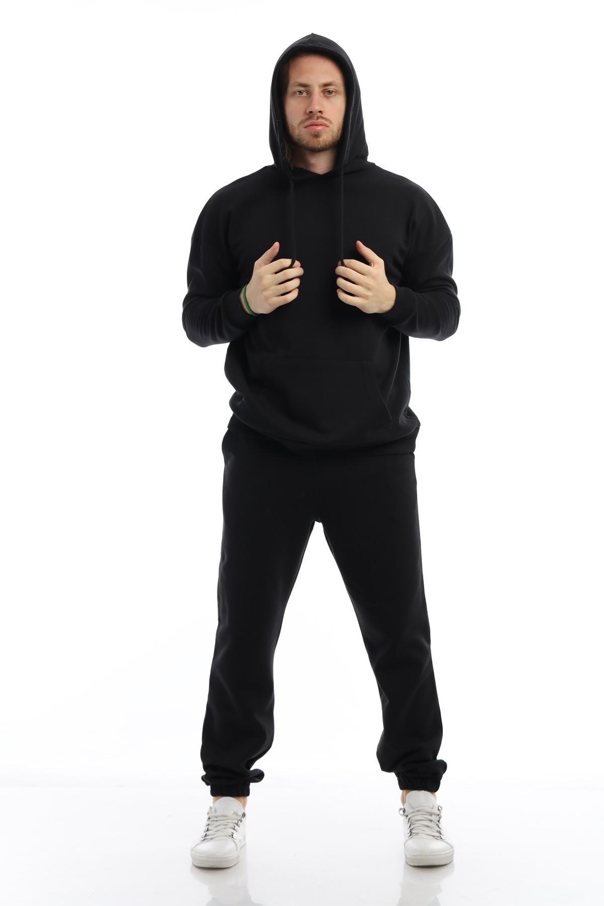 Erkek 3 İplik Pamuklu İçi Polarlı Oversize Kapüşonlu Kanguru Cepli Siyah Sweatshirt Erkek 3 İplik Pamuklu İçi Polarlı Oversize Kapüşonlu Kanguru Cepli Siyah Sweatshirt