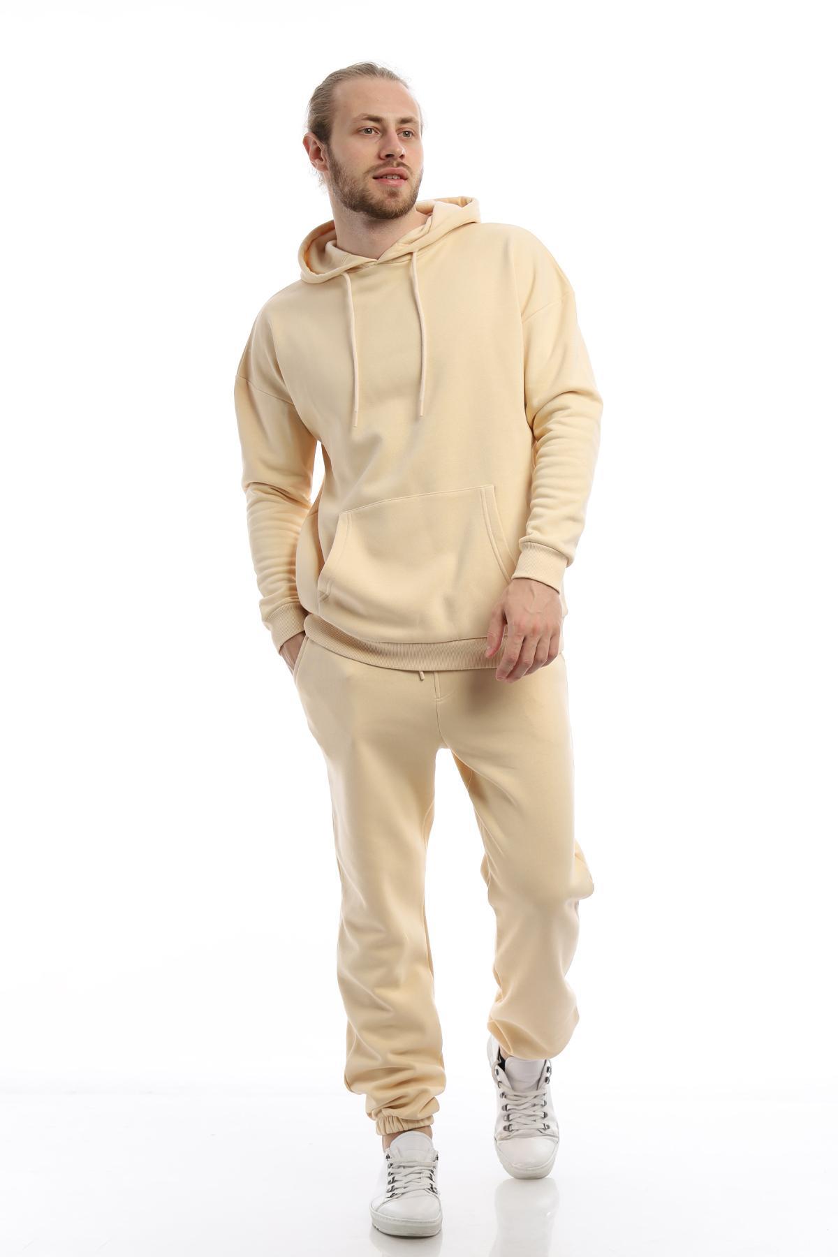Erkek 3 İplik Pamuklu İçi Polarlı Oversize Kapüşonlu Kanguru Cepli Krem Sweatshirt Erkek 3 İplik Pamuklu İçi Polarlı Oversize Kapüşonlu Kanguru Cepli Krem Sweatshirt