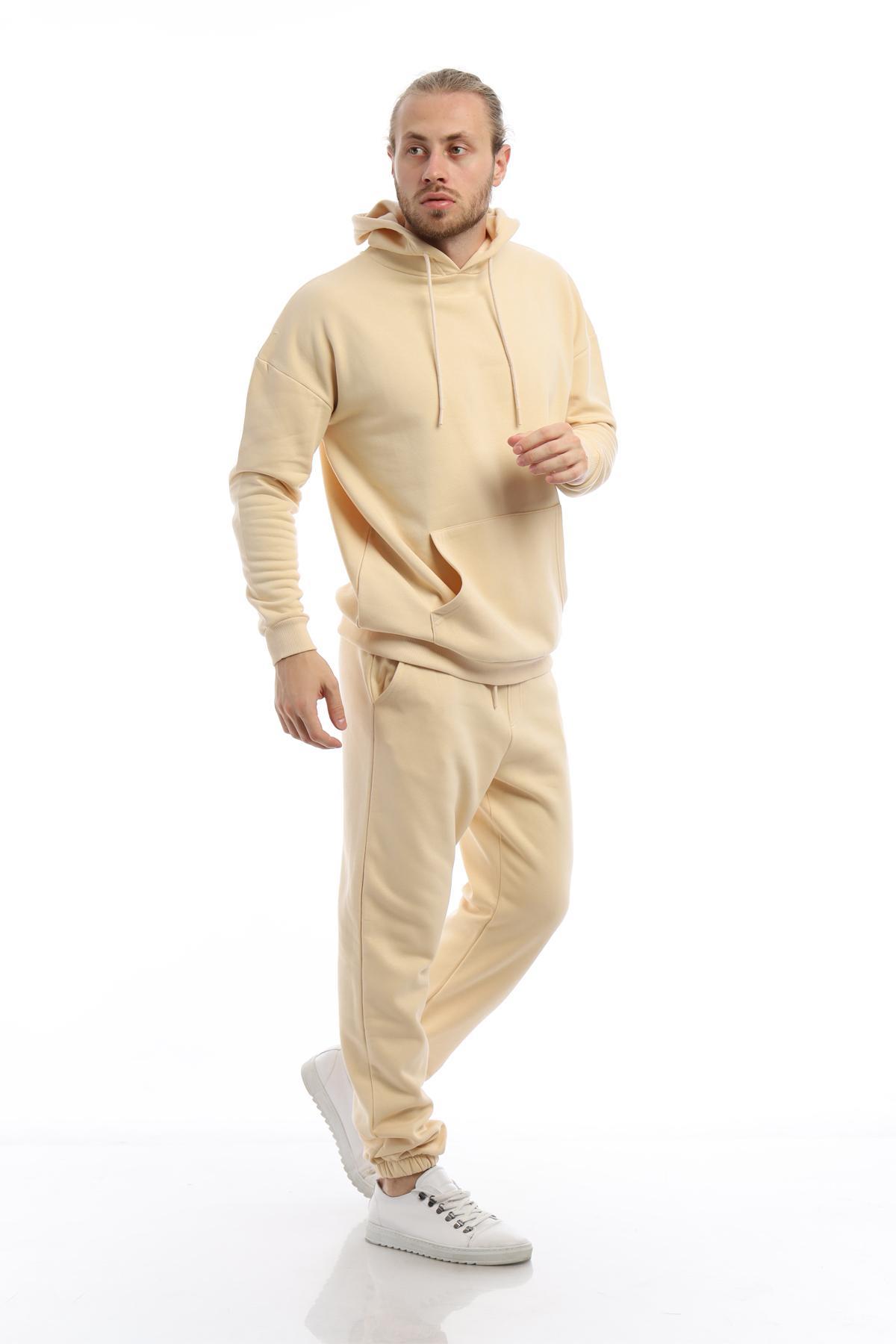 Erkek 3 İplik Pamuklu İçi Polarlı Oversize Kapüşonlu Kanguru Cepli Krem Sweatshirt Erkek 3 İplik Pamuklu İçi Polarlı Oversize Kapüşonlu Kanguru Cepli Krem Sweatshirt