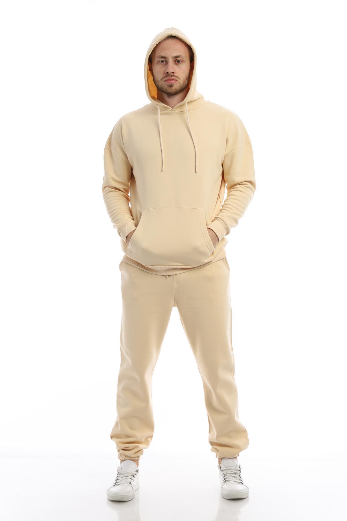 Erkek 3 İplik Pamuklu İçi Polarlı Oversize Kapüşonlu Kanguru Cepli Krem Sweatshirt Erkek 3 İplik Pamuklu İçi Polarlı Oversize Kapüşonlu Kanguru Cepli Krem Sweatshirt