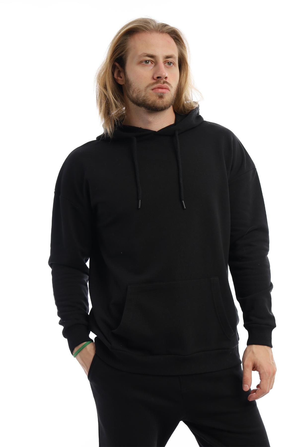 Erkek 3 İplik Pamuklu İçi Polarlı Oversize Kapüşonlu Kanguru Cepli Siyah Sweatshirt Erkek 3 İplik Pamuklu İçi Polarlı Oversize Kapüşonlu Kanguru Cepli Siyah Sweatshirt
