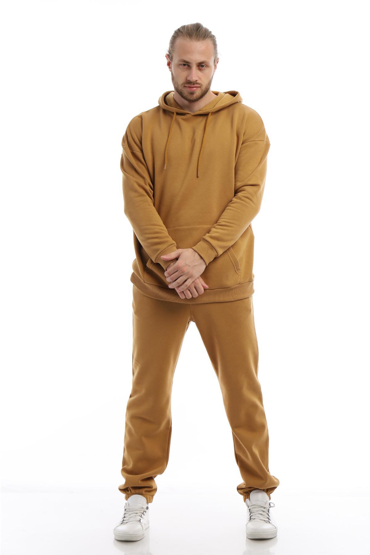 Erkek 3 İplik Pamuklu İçi Polarlı Oversize Kapüşonlu Kanguru Cepli Kahverengi Sweatshirt Erkek 3 İplik Pamuklu İçi Polarlı Oversize Kapüşonlu Kanguru Cepli Kahverengi Sweatshirt