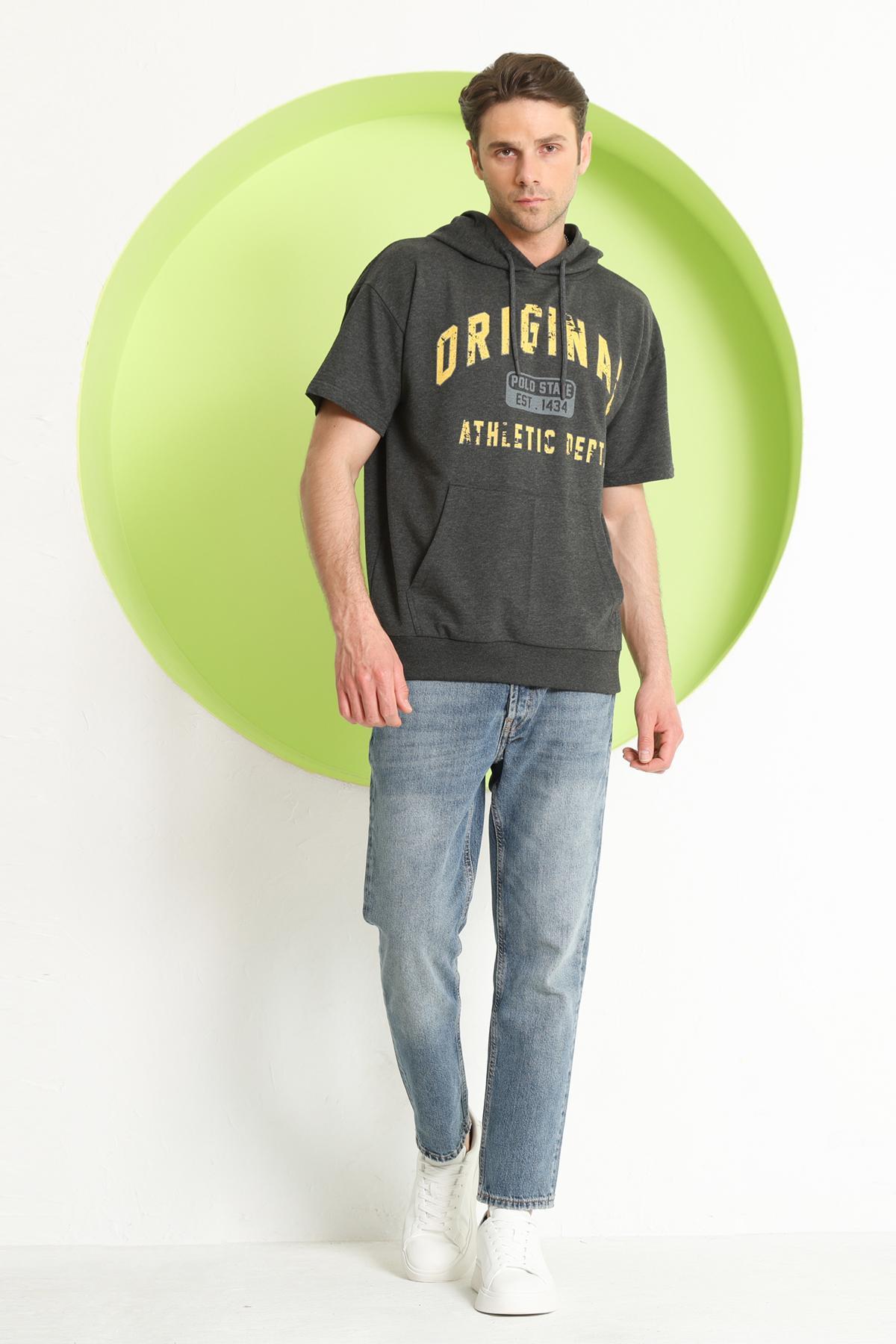 Baskılı Oversize Kapüşonlu Erkek T-Shirt Antrasit Baskılı Oversize Kapüşonlu Erkek T-Shirt Antrasit