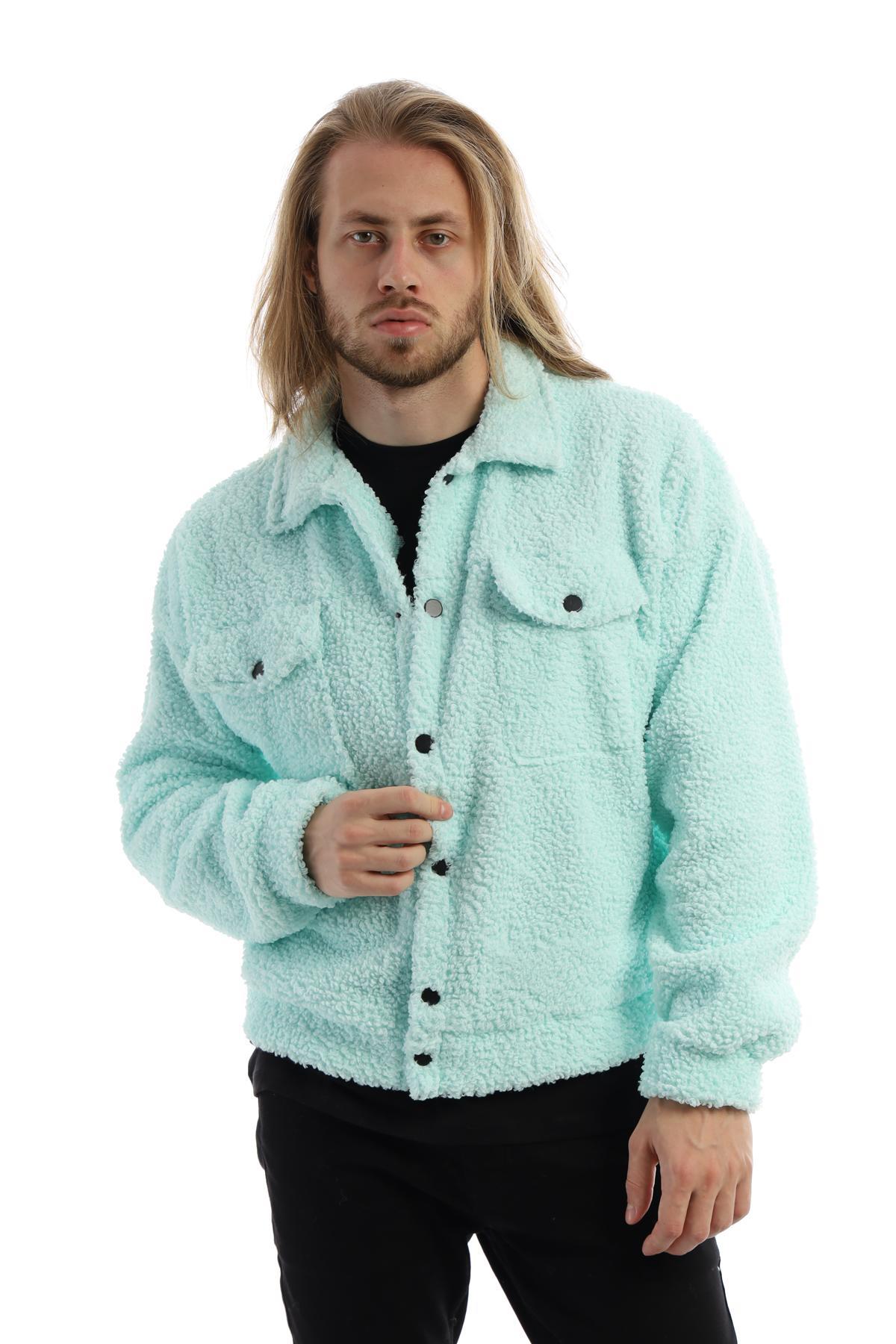 Erkek Oversize Çıt Çıt Kapamalı Cepli Mint Peluş Ceket