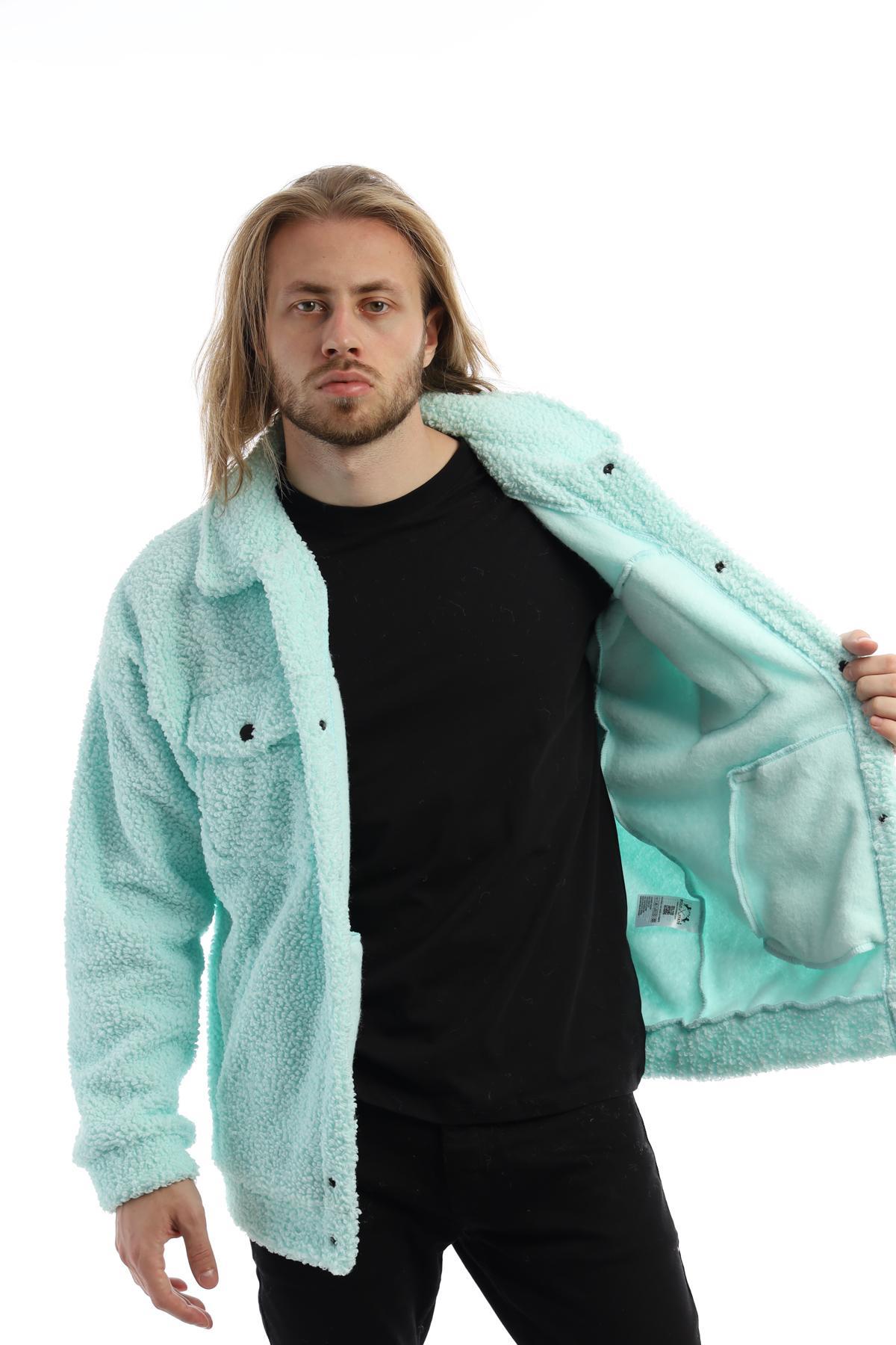 Erkek Oversize Çıt Çıt Kapamalı Cepli Mint Peluş Ceket