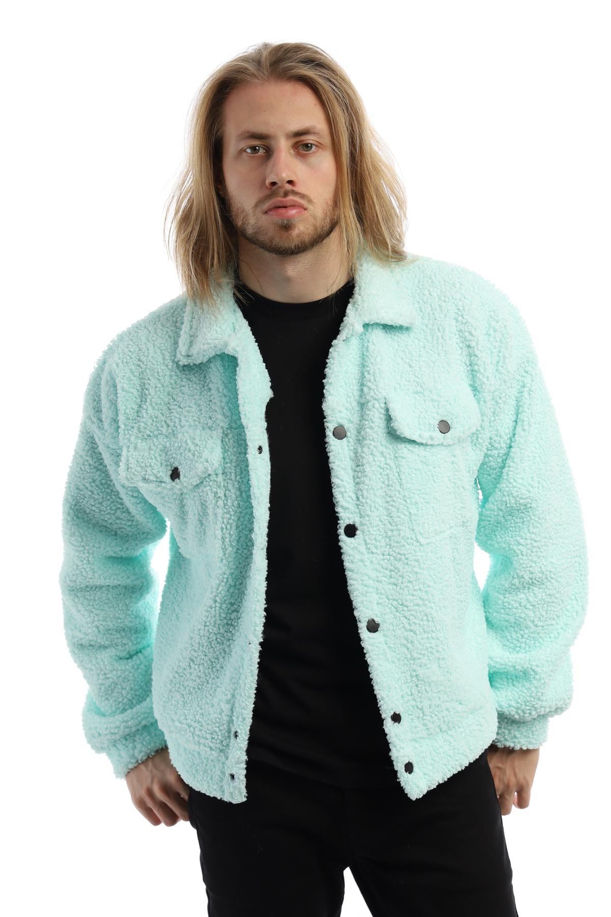 Erkek Oversize Çıt Çıt Kapamalı Cepli Mint Peluş Ceket