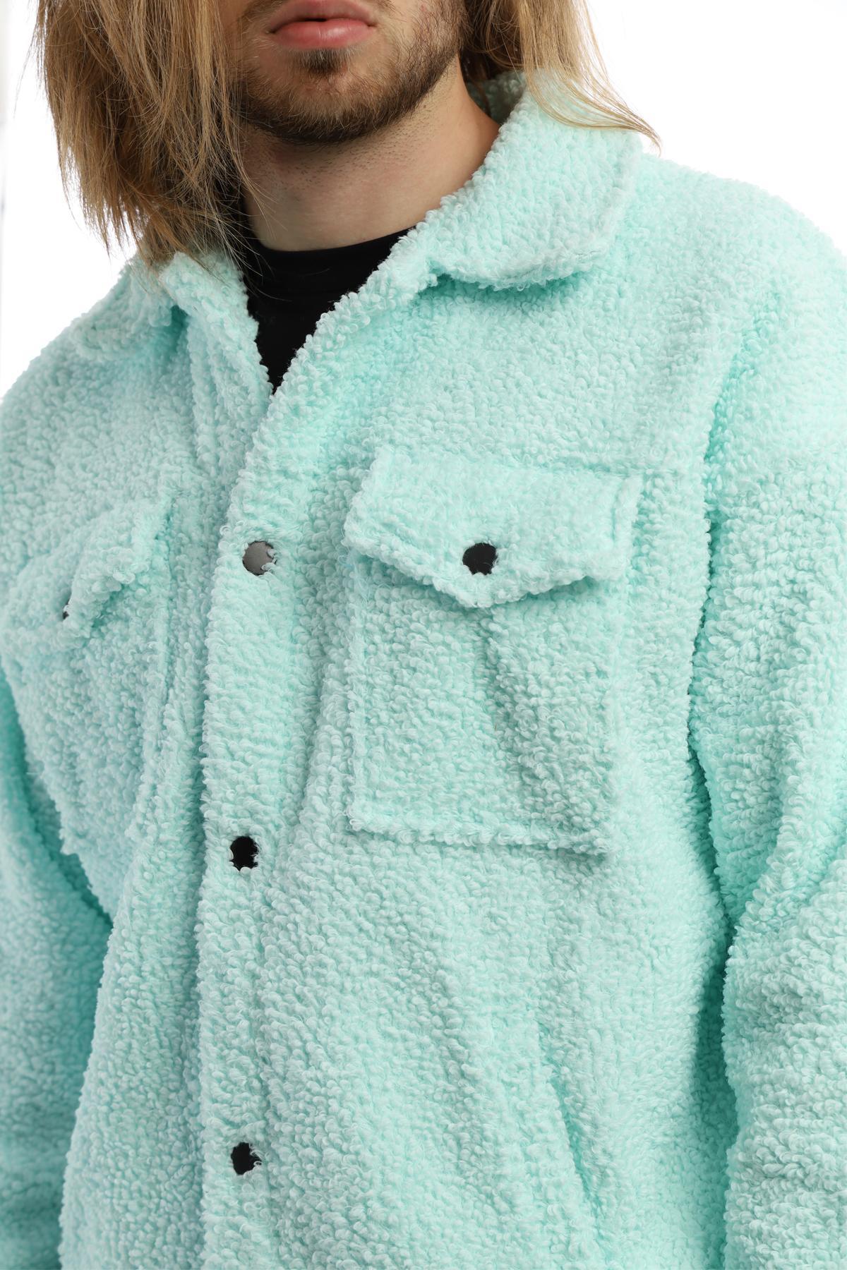 Erkek Oversize Çıt Çıt Kapamalı Cepli Mint Peluş Ceket