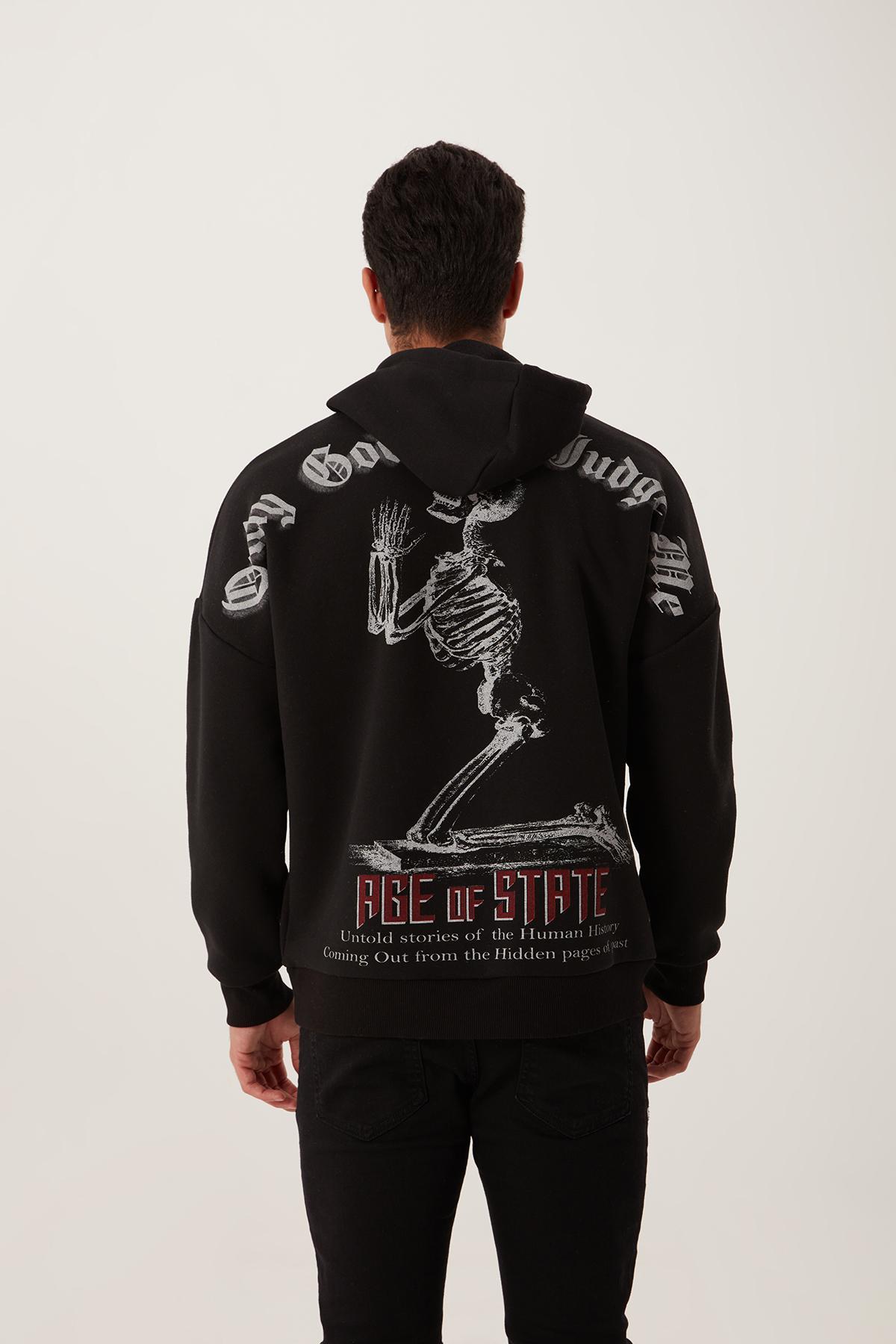 Erkek 3 İplik Pamuklu İçi Polarlı Ön Arka Baskılı Oversize Kapüşonlu Siyah Sweatshirt Erkek 3 İplik Pamuklu İçi Polarlı Ön Arka Baskılı Oversize Kapüşonlu Siyah Sweatshirt