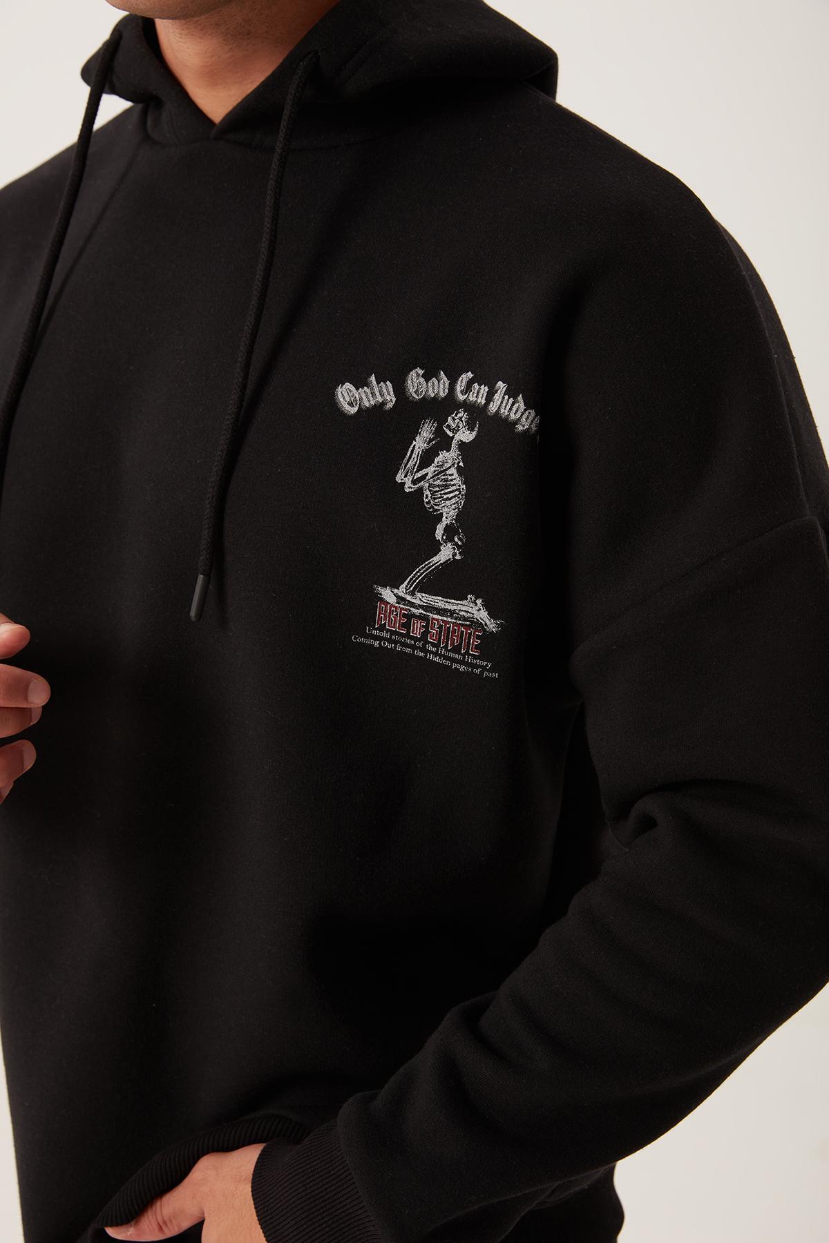 Erkek 3 İplik Pamuklu İçi Polarlı Ön Arka Baskılı Oversize Kapüşonlu Siyah Sweatshirt Erkek 3 İplik Pamuklu İçi Polarlı Ön Arka Baskılı Oversize Kapüşonlu Siyah Sweatshirt