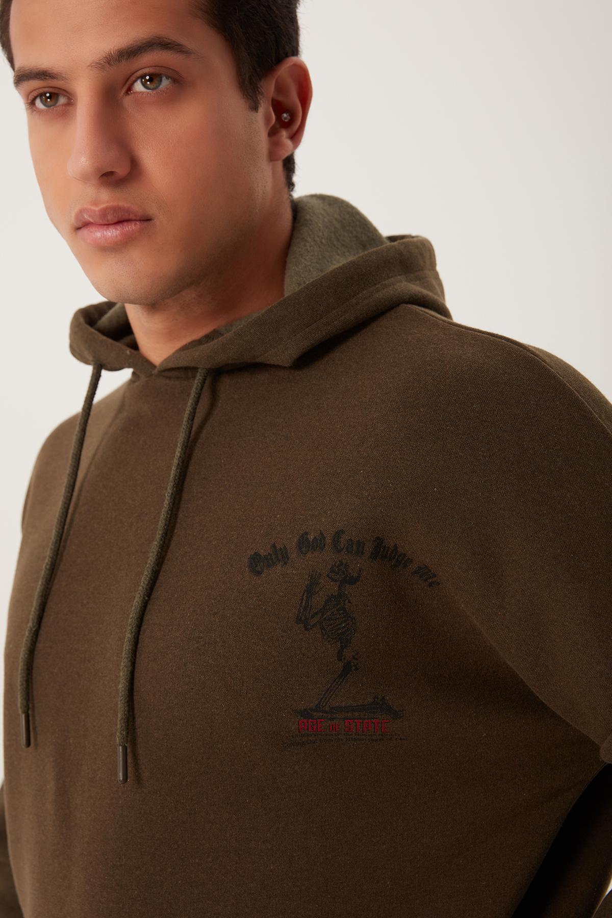 Erkek 3 İplik Pamuklu İçi Polarlı Ön Arka Baskılı Oversize Kapüşonlu Haki Sweatshirt Erkek 3 İplik Pamuklu İçi Polarlı Ön Arka Baskılı Oversize Kapüşonlu Haki Sweatshirt