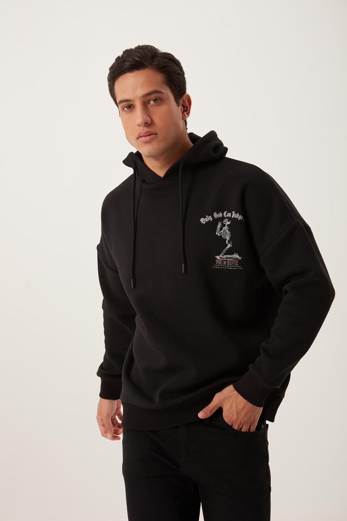 Erkek 3 İplik Pamuklu İçi Polarlı Ön Arka Baskılı Oversize Kapüşonlu Siyah Sweatshirt Erkek 3 İplik Pamuklu İçi Polarlı Ön Arka Baskılı Oversize Kapüşonlu Siyah Sweatshirt