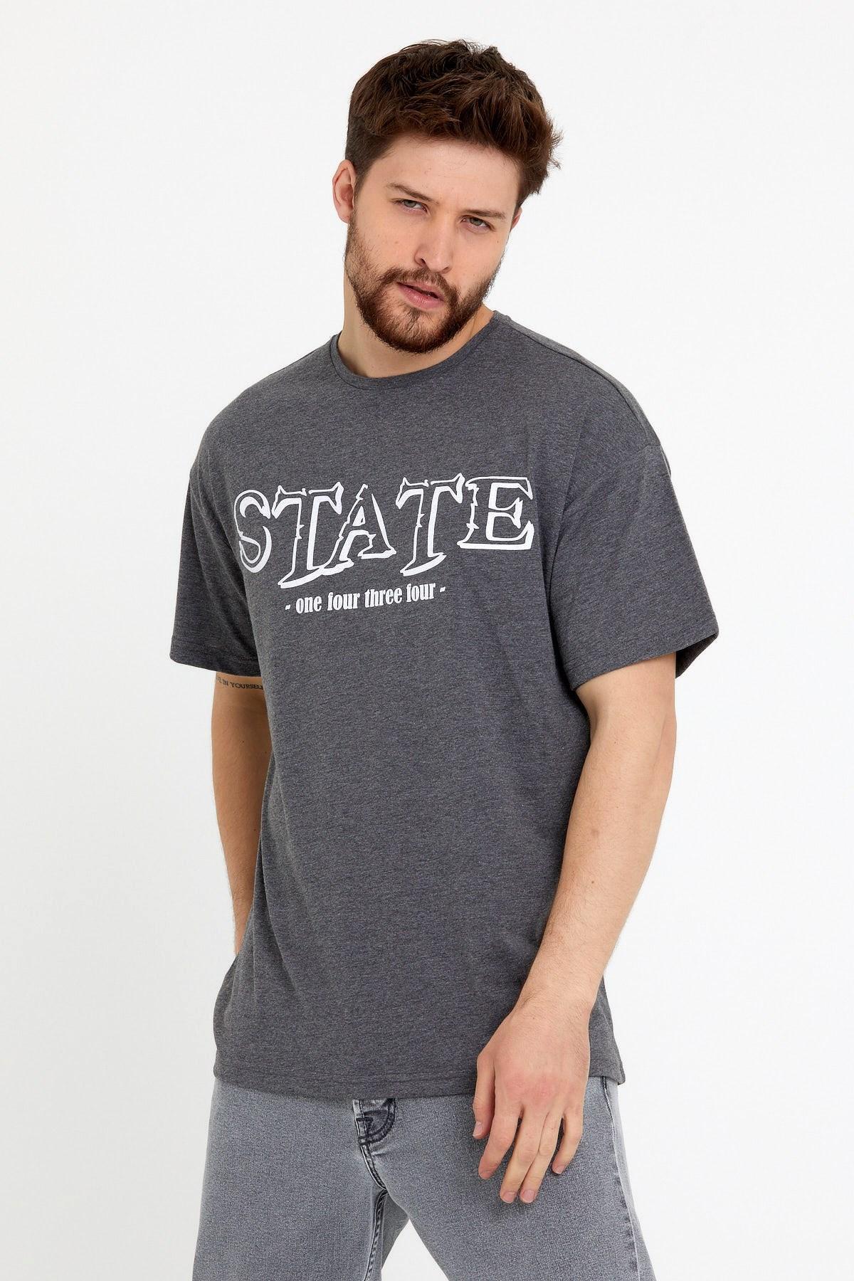 Erkek Oversize Baskılı T-shirt Antrasit