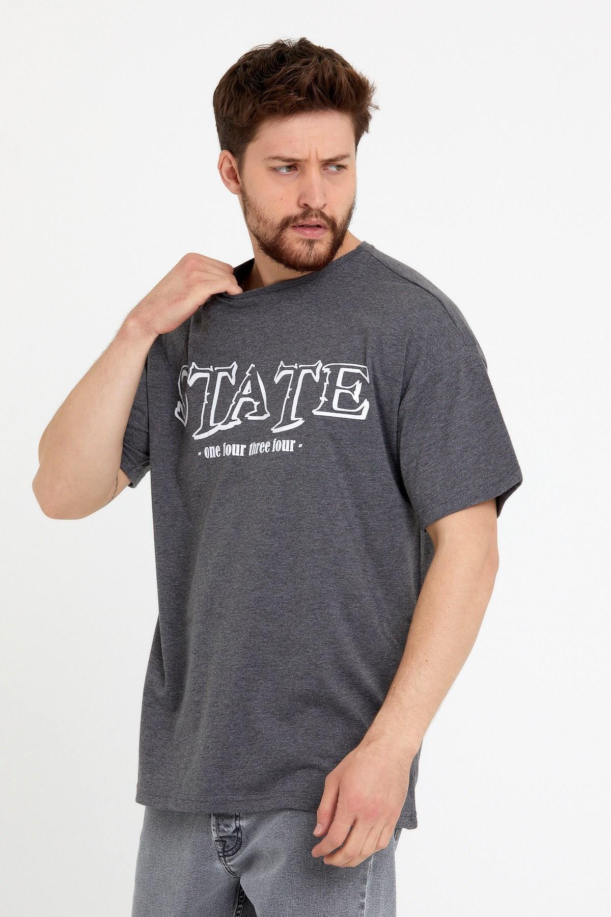 Erkek Oversize Baskılı T-shirt Antrasit