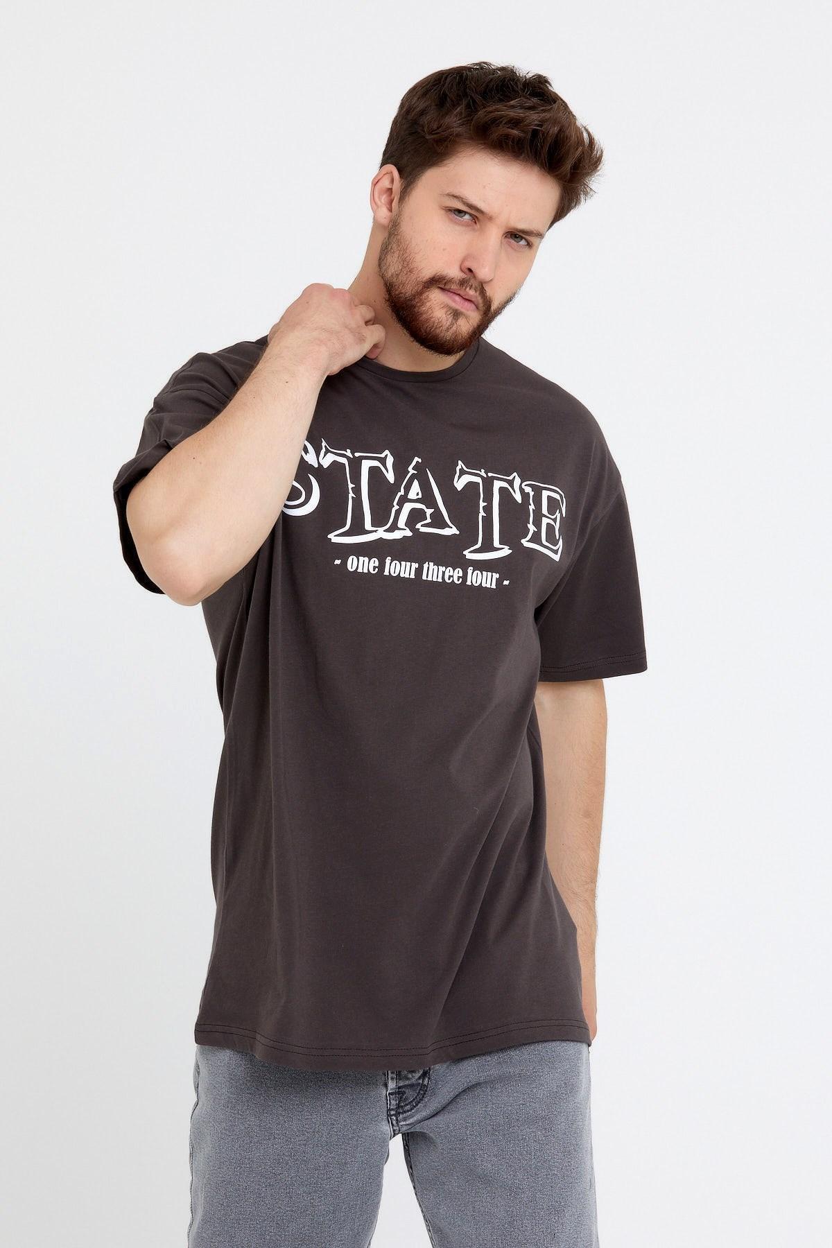 Erkek Oversize Baskılı T-shirt Kahverengi