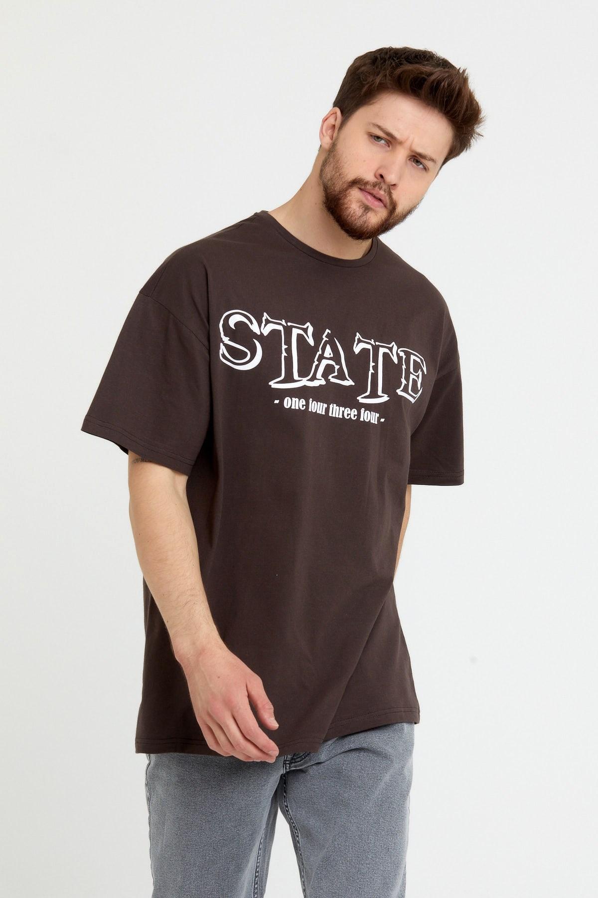 Erkek Oversize Baskılı T-shirt Koyu Kahve