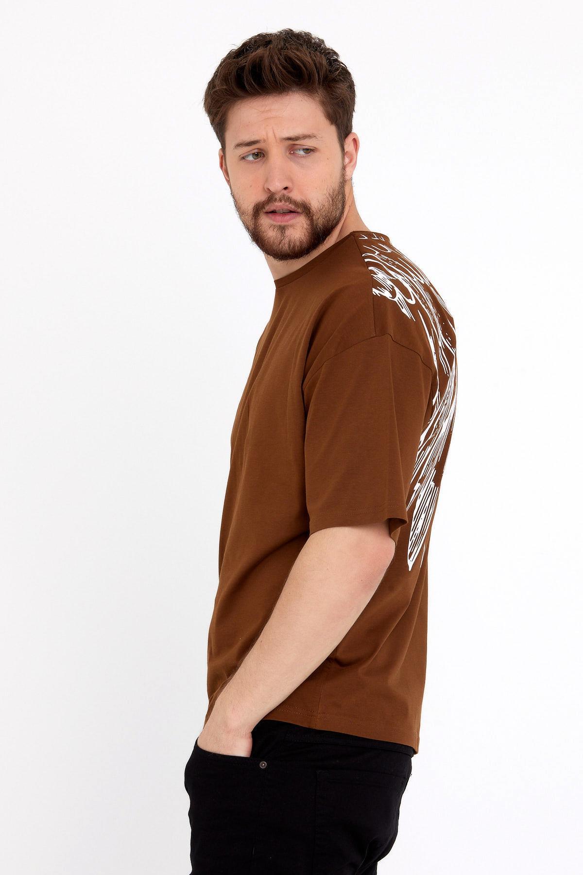 Erkek Oversize Baskılı T-shirt Taba