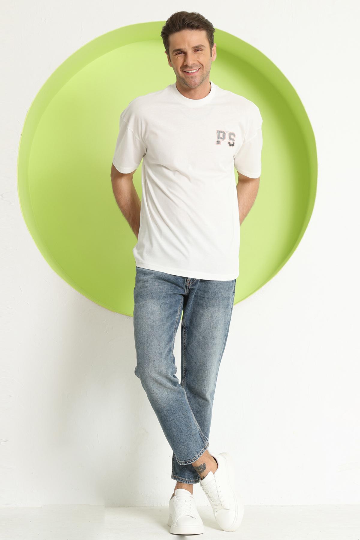 Erkek PS Baskılı Oversize T-Shirt Ekru